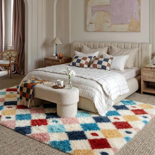 PureCozy Checkered Rug Fluffy Shag Living Room Colorful Area Rug Modern Washable Carpet Soft Shaggy Non Slip Indoor Plush Fuzzy Rugs for Bedroom Dorm Office Home Aesthetic Decor