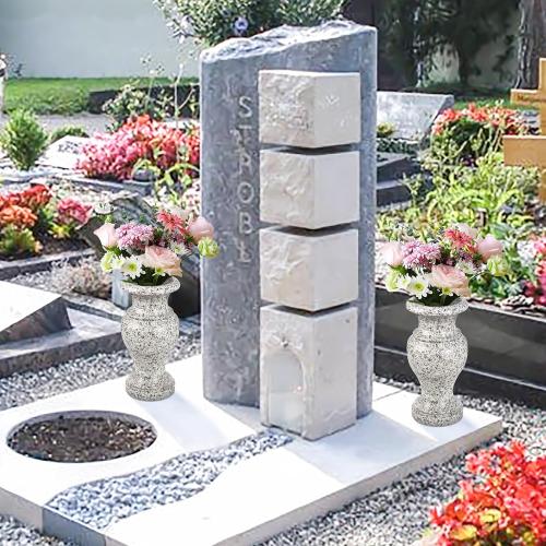 Cemetery Vase, Turned Granite Vase Polished, Memorial Stone Vases with Draining Holes for Home Tabletop, Cemetery Flowers, Grave Headstone Decorations (1pc, Grey)