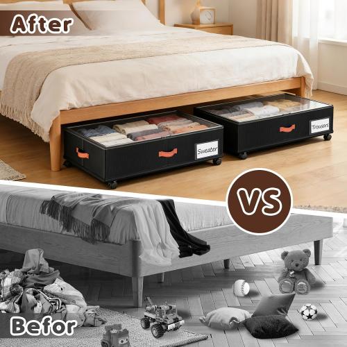 Under Bed Storage with Wheels 2-Pack, Under Bed Storage Containers 66L Clear Lids, Rolling Storage Drawers for Clothes Shoes Blankets, Underbed Organizer Bins(32 L x 17.3 W x 7.2 H)