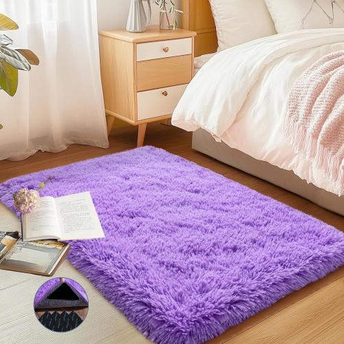 Purple Area Rug for Bedroom, Small 2x3 Rugs for Living Room Nursery Kids Room Dorm Home Decor Aesthetic, Fluffy Shaggy Rug with 4 Anti-Slip Carpet Tapes