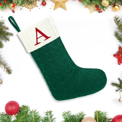 Christmas Stockings with Initials,20 Inches Large Knit Embroidered Letter Green White Christmas Stocking,Monogram Christmas Stocking for Famliy Holiday and Xmas Tree Fireplace (Letter A)