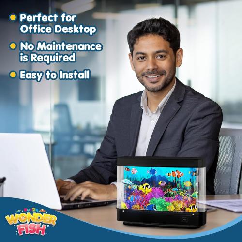 Artificial Fish Tank Virtual Ocean Toy - Mini Office Desk Aquarium, Moving Motion Lamp Night Light with, Fun Gift for Kids and Adults