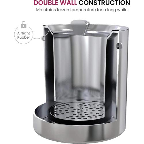 FineDine Double-Wall Stainless Steel Insulated Ice Bucket with Lid & Ice Tong [3 Liter] Included Strainer Keeps Ice Cold & Dry, Carry Leather Handle, Home Bar, Chilling Beer, Champagne, Wine Bottle