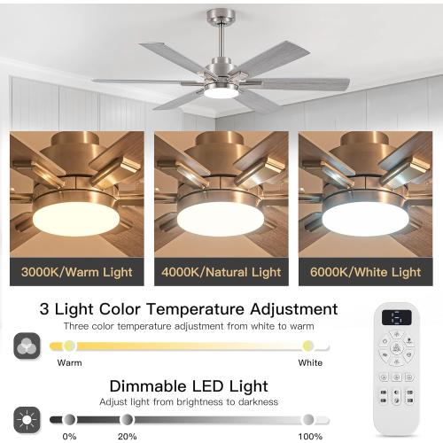 OURSTAR Ceiling Fans with Lights and Remote Control, Brushed Nickel Ceiling Fan with Light 3-Color Dimmable, Memory for Lighting and Fan Reversible, 6-Speed, Timer, Indoor/Outdoor Use, 52 Inch