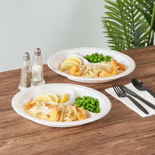 Restaurantware-RW Base 10.4 Inch Microwavable Food Plates, 150 Round Plastic Plates - 3 Compartments, Disposable, White Plastic Dinner Plates, Serve Hot And Cold Foods, For Restaurants And Cafes