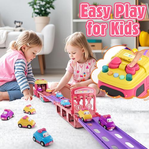Carrier Truck Toys for Kids, Princess 3.8-FT Foldable Hauler Track Ejection Car and 6 Carton Car with Light&Sounds, Truck Toy Child Toys for 3 4 5 6  Year Old Girls-Pink