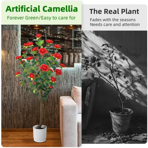 Artificial Camellia Tree 6FT – Faux Plants Indoor, with Easy Assembly, Low Maintenance, Ideal for Both Indoor Decoration and Other Purposes，Perfect Porch Christmas Trees (Red 6ft)