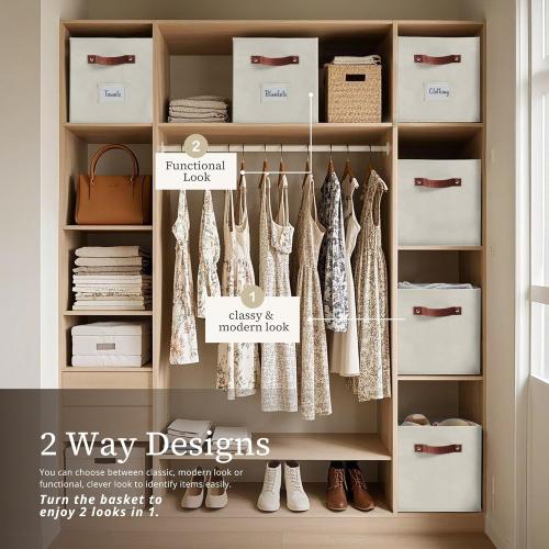 DECOMOMO Storage Bins, Cube Storage Bin with Labels, Fabric Storage Cubes for Shelves (10.5 x 11 / 6pcs, Beige)