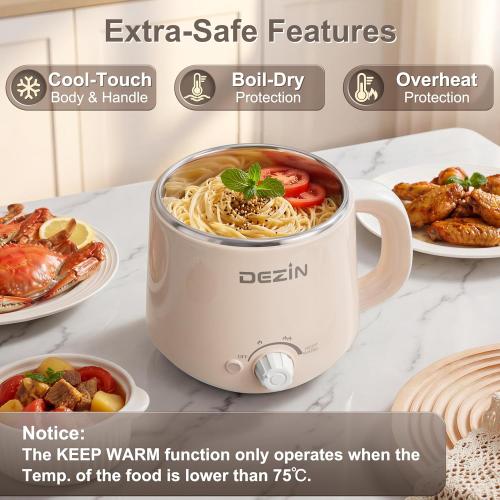 Dezin Electric Pot, 1.6L Ramen Cooker, Hot Pot Electric Stainless Steel, Multifunctional Cooker for Egg, Pasta, Soup, Porridge, Oatmeal with Temperature Control and Keep Warm Function