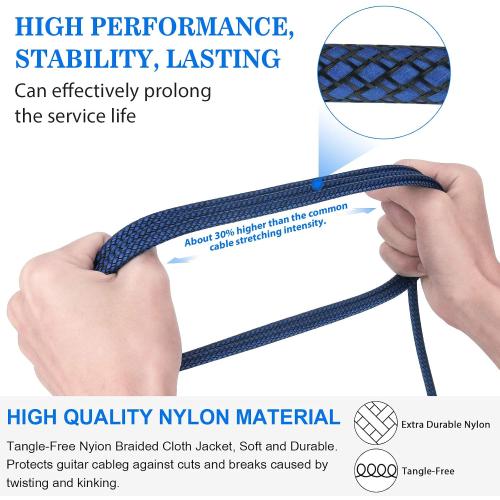 JOLGOO 1/4 Inch Cable Guitar Cable 10 Ft Straight to Right Angle 1/4 Inch 6.35mm Plug Bass Keyboard Instrument Cable Blue and Black Tweed Cloth Jacket, Electric Mandolin, pro Audio