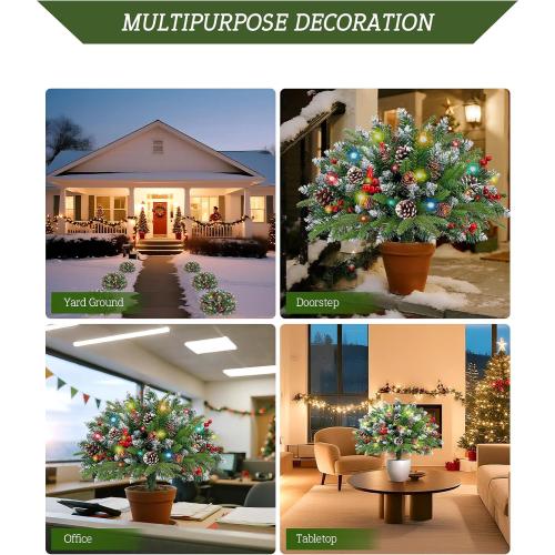 Set of 2 Christmas Planter/Urn Fillers Outdoor Front Porch, Artificial Prelit Christmas Tree with Remote, Holiday Pot Fillers with Timer, Multi-Color Lights, Outdoor Christmas Decorations Yard
