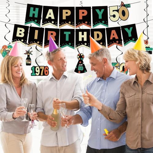 DARUNAXY Colorful 1976 50th Birthday Decorations for Men Women(32PC) | Back in 1976 Banner, 50 Number Balloons & Cake Topper, Vintage 1976 50 Year Old Birthday Honeycomb Hanging Swirl Supplies