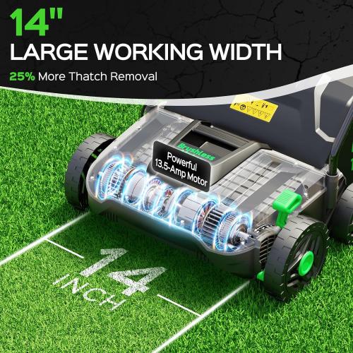 TIECTOWN 14-Inch 13.5 Amp 2-in-1 Electric Dethatcher and Scarifier with 11.5-Gallon Collection Bag, Lawn Dethatcher with 5-Position Depth Adjustment, Blade Replacement Without Tool - Green