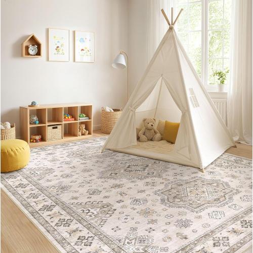 Washable Area Rugs for Living Room -9x12 Neutral Vintage Distressed Floral Farmhouse Boho Large Soft Floor Rug Indoor Non Slip Carpet for Living Room Bedroom Dining Room Office -Beige Brown