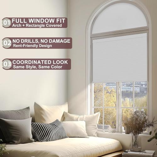 Arch Window Shades Blackout Half Circle Cordless Cellular Shades No Drill Half Moon Honeycomb Blinds for Indoor Window Thermal Insulation Noise Reduction,Blackout-White,48 W x 24 H
