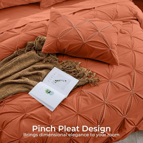 Sasttie King Size Comforter Set, 7-Piece Bed in a Bag, Pintuck Bedding Set for All Season, Includes Comforter, Flat Sheet, Fitted Sheet, Pillowcases and Pillowshams, Burnt Orange