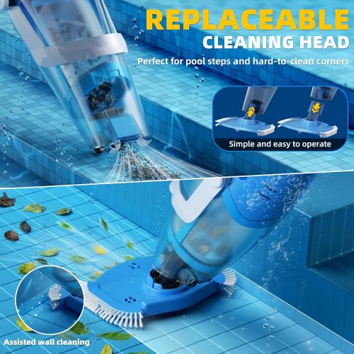 Cordless Pool Vacuum Above & Inground Pools, Powerful 1590 GPH Suction,Handheld Telescopic Pole up to 85.45, 1H Runtime, 2L Debris Bin, Rechargeable Pool Cleaner for Spas & Hot Tubs