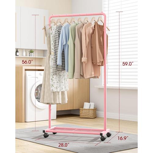 Clothes Rack - Clothing Rack with Storage Mesh Shelf & Casters, Heavy-Duty Metal Clothing Rack for Hanging Clothes, Dresses, Coats, Large Load Capacity, Easy Assembly, Pink, 28.0x16.9x59.0