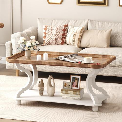 Function Home Farmhouse Coffee Table, 2-Tier Center Table with Storage Shelf, 39.8 French Country Rectangle Accent Table with Natural Tray Top and Curved Legs for Living Room Balcony, Vintage White