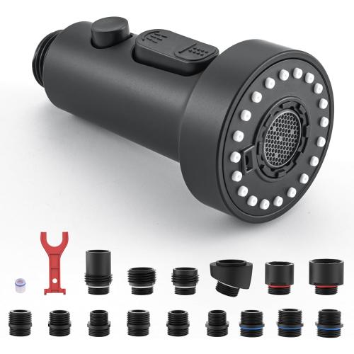 J-HVA Pull Down Kitchen Faucet Sprayer Head Replacement Part, 3 Function with 15 Adapters Pull Out Sink Sprayer Replacement Nozzle, Kitchen Faucet Head Hose Spray Tap Spout, Matte Black