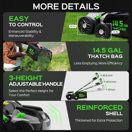 2025 Upgrade 16-Inch 15.5 Amp 2-in-1 Electric Dethatcher and Scarifier with 14.5-Gallon Collection Bag, Lawn Dethatcher with 5-Position Depth Adjustment, Keeps Lawn Healthy – Light Green