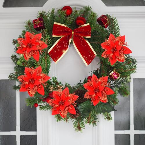 SPORTYOUTH 30 Pcs Red Poinsettia Artificial Christmas Flowers with Clips Stems, 5.5 Xmas Tree Decoration Ornaments Glitter Poinsettias Flower for Wreath Garland New Year Holiday Wedding Home Party