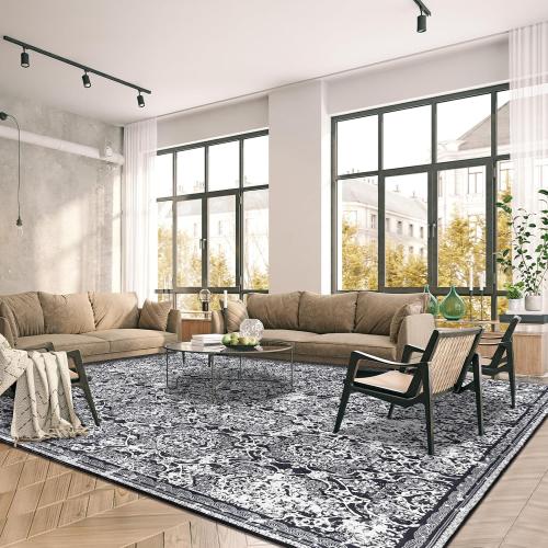 Vaukki Living Room Rug, Vintage Shaggy Soft Laundry Rug, Non Slip Kitchen Area Mat, Washable Farmhouse Bedroom Area Carpet for Bathroom, Kitchen and Kidsroom (8'x10', Black)