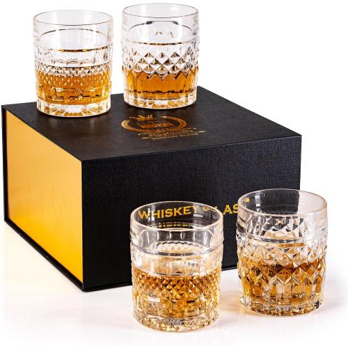 Whiskey Glasses Set of 4 with Luxury Box, 10oz Old Fashioned Whiskey Glasses Gift for Cocktails Rum Cognac Bourbon Liquor Rocks Glasses Men Gift(Mixed)