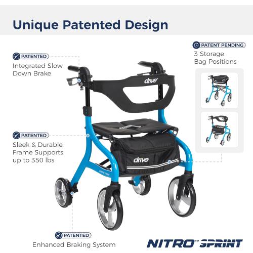 Drive Medical Nitro Sprint Foldable Rollator Walker with Seat, Standard Height Lightweight Rollator with Large Wheels, Folding Rolling Walker, Walker Rollator with Seat, Blue