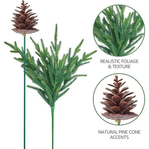 12 Pcs Christmas Lighted Norfolk Pine Stems 18 Inch with Lights & Pine Cones, Prelit Pine Branches, Picks for Vase, Fireplace Mantel Decor, Holiday Centerpieces & Indoor Decorations, Filler