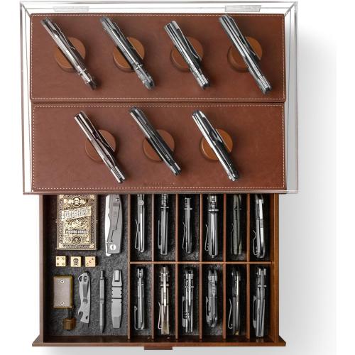 Premium Pocket Knife Display Case for 30 Knives - Large Wooden Knife Organizer, Storage & Holder with Unique Pillars, Hinged Cover, Drawer - Knife Collection Box - Handcrafted for Men