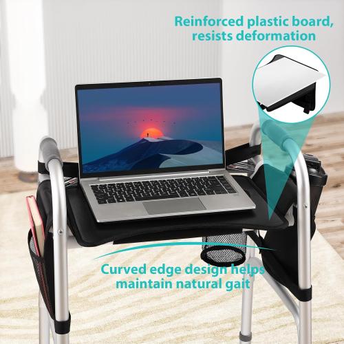 Hook-On Walker Tray, Cup Holder & Tool Free Quick Assembly, Non Slip Mobility Table for Seniors, Multi Functional Removable Tray, Portable Multipurpose Walker Accessories