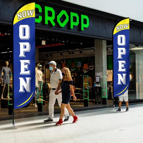 Preboun 2 Sets 12 ft Now Open Feather Flags Pole Kit for Business Advertising Feather Sign with Poles and Ground Spikes Open Flags Banner for Store Outside Signs (Blue)