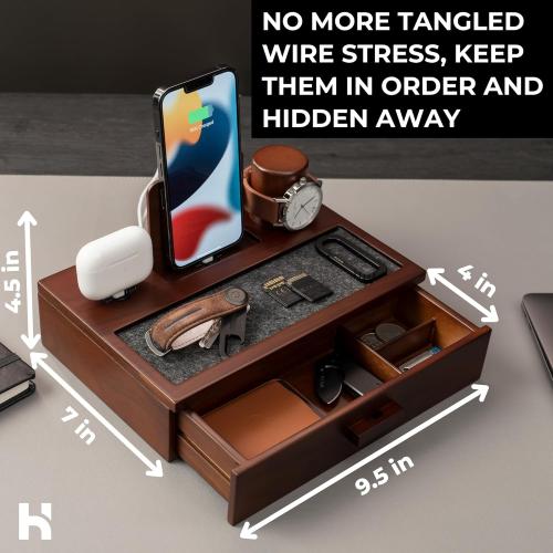 Holme & Hadfield Premium Wooden Phone Docking Station with Drawer – Nightstand Organizer for Charging Phone & Earbuds – Declutter Your Space with Felt-Lined Protection & Watch Pillar - Gift For Men