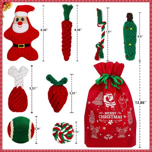 8 Pieces Christmas Dog Chew Toys, Santa Puppy Teething Chew Toys with Adorable Squeaky Toys, Training Ball, Christmas Storage Bag