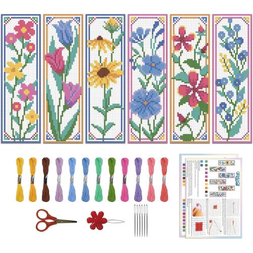 ORIGACH 6 Set Wildflower Floral Cross Stitch Bookmark Kit for Beginner