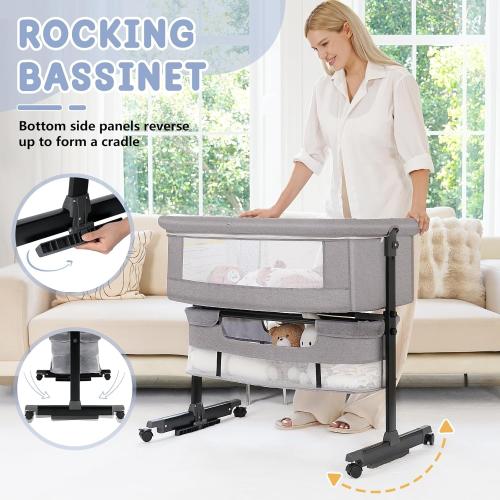 Semphis Baby Bassinet, 3 in 1 Bassinets Bedside Sleeper, Adjustable Height Bedside Sleeper with Rocking Mode, Breathable Mesh, Storage Basket, Wheels, Easy Assemble & Folding (Gray)