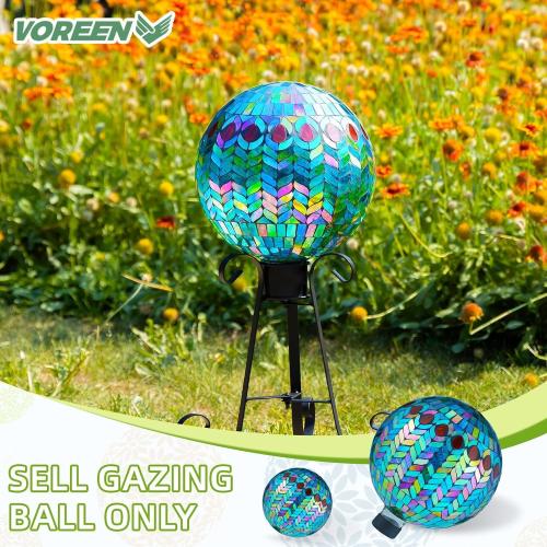 VOREEN Mosaic Gazing Ball, 10 Handmade Glass Reflective Garden Globe, Outdoor Yard Patio Lawn Decoration Sphere, Peacock Feather Design, Blue