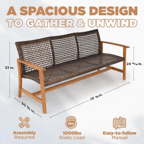 IDZO  3 Seater Patio Couch  Wicker, Teak Finish Furniture Set, Trinite Brown