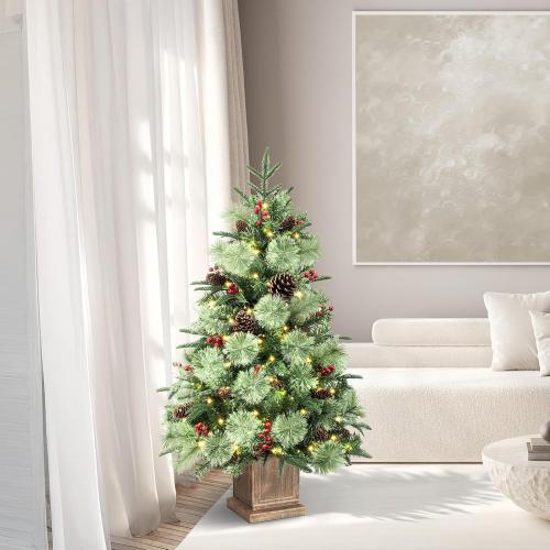 Jin&Bao 4FT Potted Christmas Tree with 100 Lights, 2 Pack Artificial Xmax Tree Timer Function with Long Pine Cones & Red Berries, 3AA Battery Operated Christmas Decorations for Outdoor, Porch