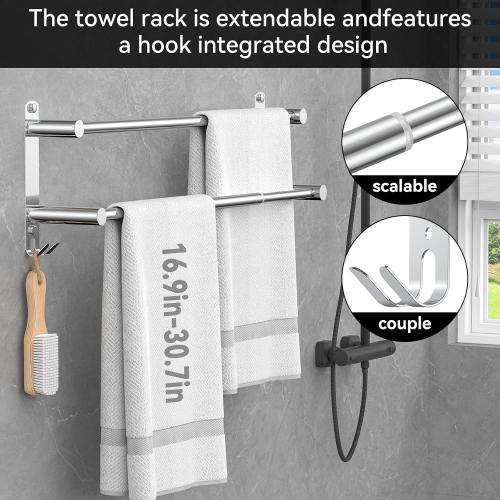 Adjustable Towel Bar for Bathroom Wall Mount17-30.7inch Adhesive Shower Towel Rack Stainless Steel Bath Towel Holders for Toilet Kitchen Double Towel Hanger (2 Layer) maybe missing pieces