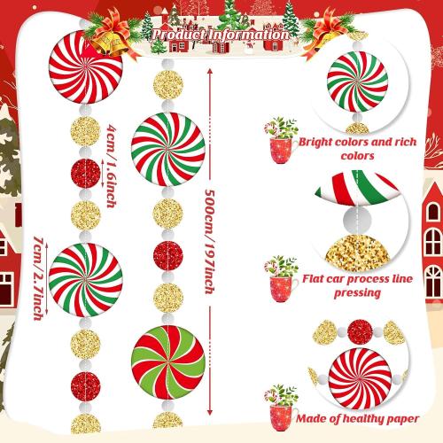 Zhanmai 16.5ft Christmas Candy Cane Garlands Xmas Peppermint Garland Ornaments for Tree Glitter Holiday Tree Garland for Christmas Wreaths Home Fireplace Decorations(Round)