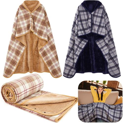 Newwiee 2 Pcs Fleece Wearable Desk Blanket for Work Chair, Plaid Lap Blanket with Buttons for Woman Travel Bed Sofa Office and Outdoor ? blue black ?