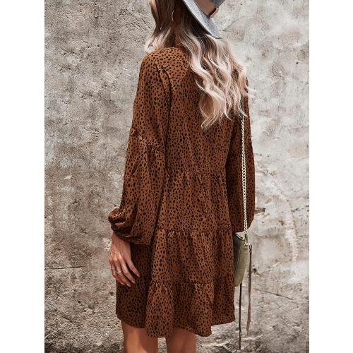 Size M... Womens Long Sleeve Dress: Leopard Printed Tunic Casual Loose V Neck Fall Flowy Mini Dresses