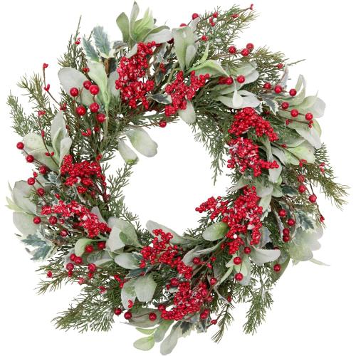 20 Inch Artificial Christmas Wreath with Lambs Ear Leaves, Artificial Snow and Red Berries, Pine Needles for Home Wall Window Decor