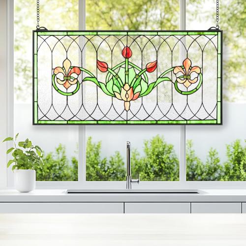 Maxdot 32x16 Stained Glass Transom Window Panel, Large Horizontal Tulips & Irises Handcrafted Hanging Decor with Chain, Vintage Home Decor & Ideal Gift for Art Enthusiasts