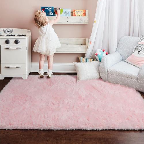 Pink Area Rugs for Bedroom Girls, Living Room Decor, Fluffy Fuzzy Shag Rug 4x6 for Kids Room, Soft Cute Indoor Floor Carpet for Baby, Teen, Nursery, Preppy Dorm, Playroom, Plush Aesthetic Bedside Rug