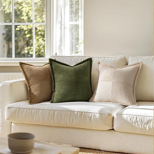 MIULEE Decorative Throw Pillow Covers for Couch Bed Livingroom 16x16 Inch Set of 2 Beige Boho Accent Throw Pllows Broadside Striped Patchwork Soft Corduroy Pillowcases