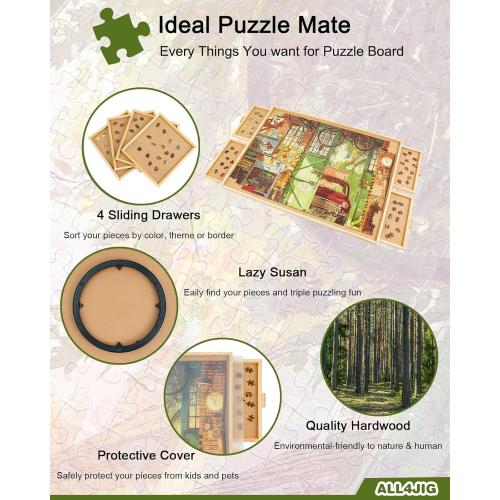 ALL4JIG 1000 Piece Rotating Puzzle Board with Drawers 22x30Portable Wooden Jigsaw Puzzle Table for Adults Portable,Lazy Susan Spinning Puzzle Boards Birthday Gift for mom
