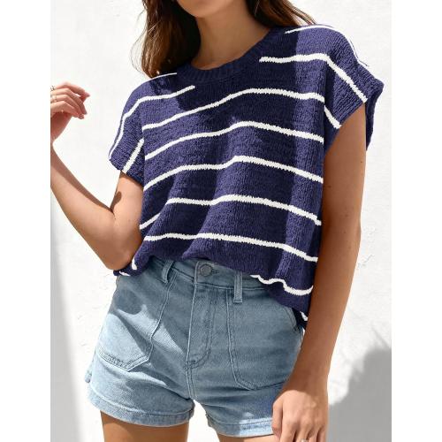 Max studio Womens Summer Short Sleeve Tops 2026 Trendy Crew Neck Striped Knit Sweater Business Casual Spring Clothes size xs